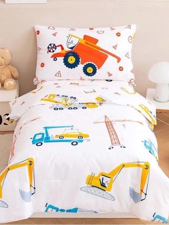 Other - Construction Vehicles Kids Bedding Set - White with Orange, Yellow & Blue